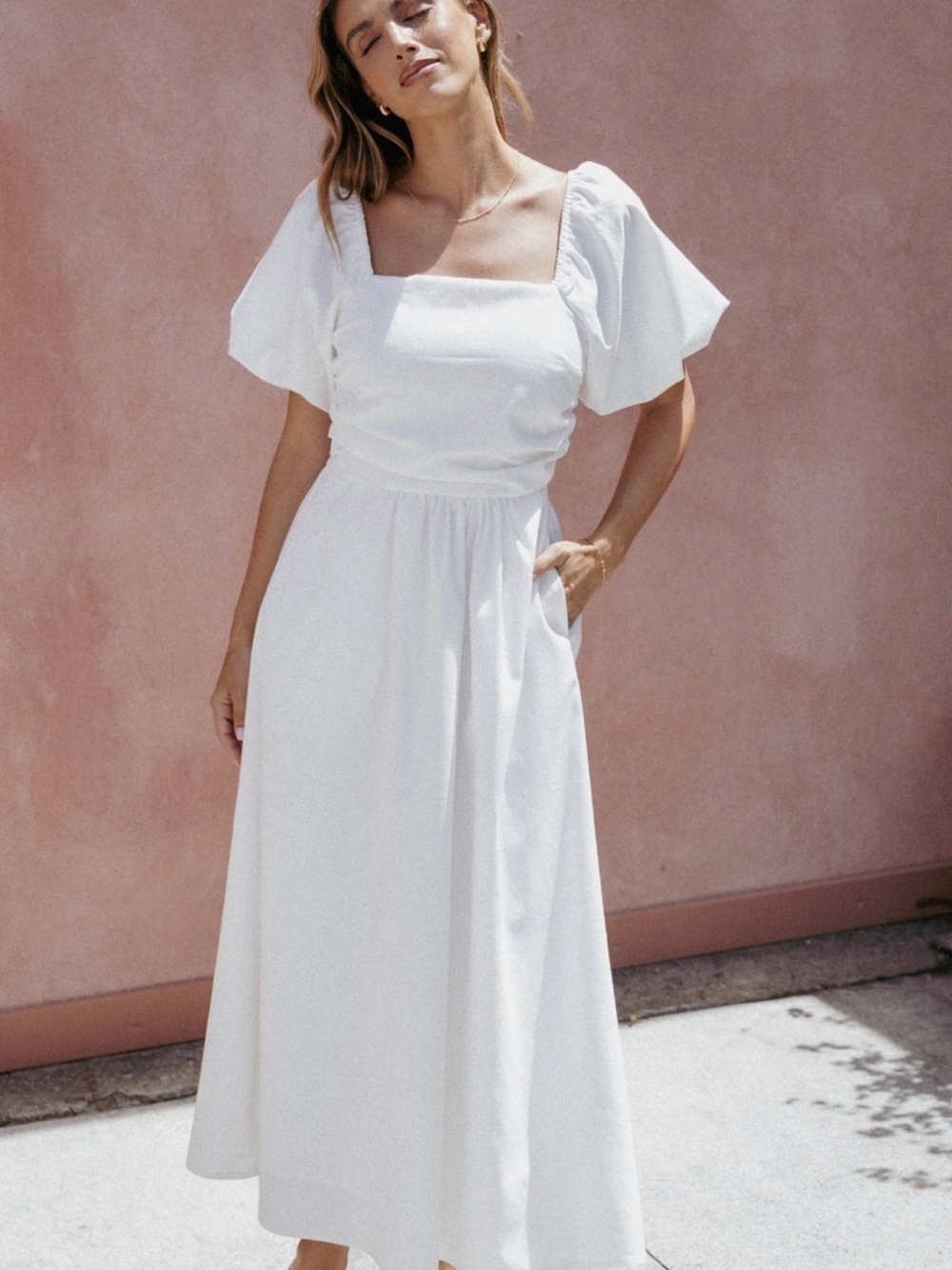 Petal & Pup White Square-Neck Midi Dress with Flutter Sleeves